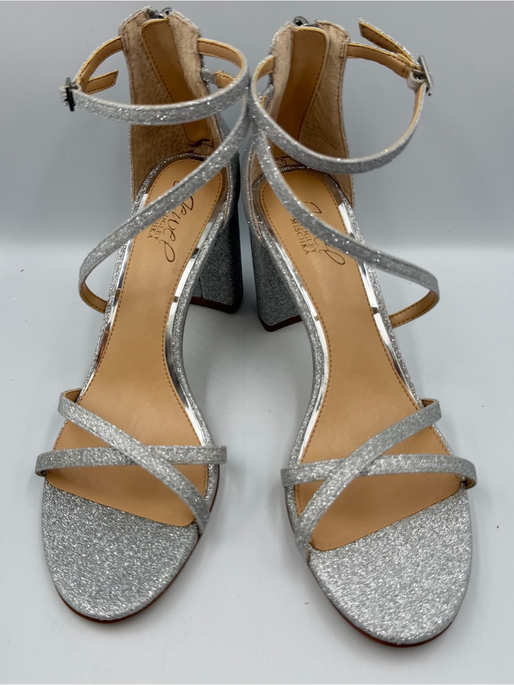 Jewel Badgley Mischka Womens 8.5 Devorah Silver Glitter Strappy Ankle Strap Zip